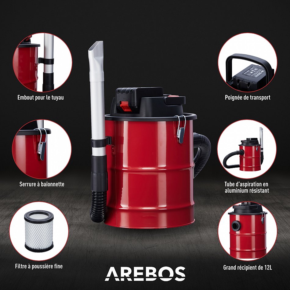 AREBOS Aspirateur à Cendres de cheminée avec Batterie 140W / 12L / INCL.  Filtre HEPA/Fonction d'aspiration et de soufflage/Tuyau d'aspiration  renforcé en métal : : Cuisine et Maison